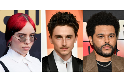 This combination of photos show Billie Eilish, from left, Timothee Chalamet, and The Weekend. (AP Photo)