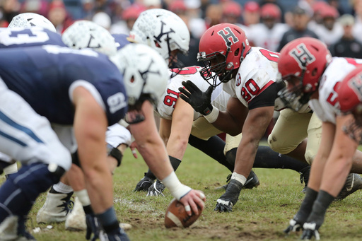 FILE - Harvard lines up against against Yale during an NCAA college football game on Saturday, Nov. 18, 2017, in New Haven, Conn. (AP Photo/Gregory Payan, File)