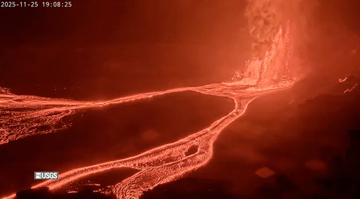 This image from video by the United States Geological Survey shows lava erupting from Kilauea volcano on Tuesday, Nov. 25, 2025, in Hawaii Volcanoes National Park, Hawaii. (USGS via AP)