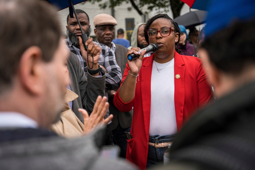 FILE - Rep. LaMonica McIver, D-N.J., demands the release of Newark Mayor Ras Baraka after his arrest while protesting outside of Delaney Hall ICE detention facility, May 9, 2025, in Newark, N.J. (AP Photo/Angelina Katsanis, File)