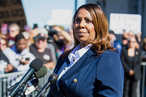 FILE - New York Attorney General, Letitia James, speaks after pleading not guilty outside the United States District Court on Friday, Oct. 24, 2025, in Norfolk, Va. (AP Photo/John Clark,File)