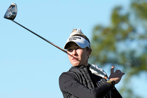 Defending tournament champion Nelly Korda follows her tee shot on the second hole during a pro-am for The Annika LPGA golf tournament, Wednesday, Nov. 12, 2025, in Belleair, Fla. (AP Photo/Chris O'Meara)