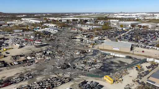 FILE - This photo provided by the National Transportation Safety Board shows UPS plane crash scene on Nov. 6, 2025 in Louisville, Ky. (NTSB via AP)