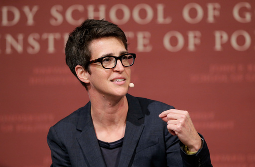 FILE - MSNBC television anchor Rachel Maddow, host of the Rachel Maddow Show, moderates a panel Oct. 16, 2017, at the Harvard University campus, in Cambridge, Mass. (AP Photo/Steven Senne, File)