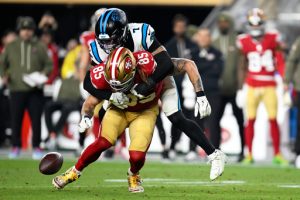 Carolina Panthers safety Tre'Von Moehrig breaks up a pass intended for San Francisco 49ers tight end George Kittle during the first half an NFL football game, Monday, Nov. 24, 2025, in Santa Clara, Calif. (AP Photo/Eakin Howard)