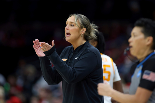 FILE - Tennessee head coach Kim Caldwell calls out a play during the first quarter against South Florida as part of the first round of the NCAA college basketball tournament, Friday, March 21, 2025, in Columbus, Ohio. (AP Photo/Joe Maiorana, File)