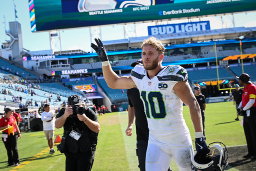 Seattle Seahawks wide receiver Cooper Kupp (10) reacts after an NFL football game against the Jacksonville Jaguars, Sunday, Oct. 12 2025, in Jacksonville, Fla. (AP Photo/Phelan M. Ebenhack)