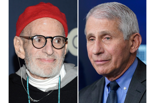 Playwright Larry Kramer appears at the premiere of HBO Films' "The Normal Heart" in New York on May 12, 2014, left, and Dr. Anthony Fauci appears during a press briefing at the White House in Washington on April 13, 2021. (AP Photo)