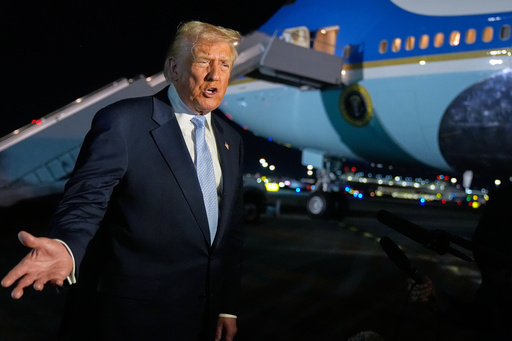 President Donald Trump speaks to reporters before boarding Air Force One at Palm Beach International Airport in West Palm Beach Fla., on his way back to the White House, Sunday, Nov. 16, 2025. (AP Photo/Manuel Balce Ceneta)