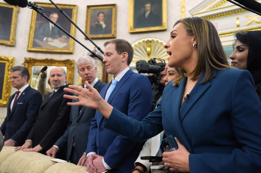 ABC News reporter Mary Bruce as a question as President Donald Trump meets Saudi Arabia's Crown Prince Mohammed bin Salman in the Oval Office of the White House, Tuesday, Nov. 18, 2025, in Washington. Listening from left are Defense Secretary Pete Hegseth, Commerce Secretary Howard Lutnick and Energy Secretary Chris Wright and David Broomell, Manufacturing Technology Manager at energy equipment manufacturer GE Vernova, listen. (AP Photo/Evan Vucci)
